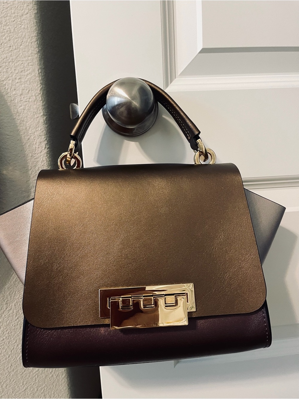 Zac Posen Brown and light rose Top-Handle Satchel with Gold Hardware